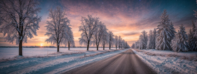 Wall Mural - road leading towards colorful sunrise between snow covered trees with epic milky way on the sky