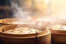 A Close-up Shot Of Bamboo Steamers Stacked On A Traditional Dim Sum Steaming Basket Background With Empty Space For Text 