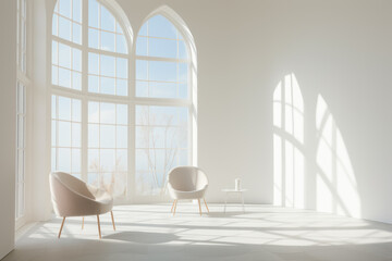 Wall Mural - Empty white, bright room interior with huge windows and sun shining through, high ceilings and armchairs