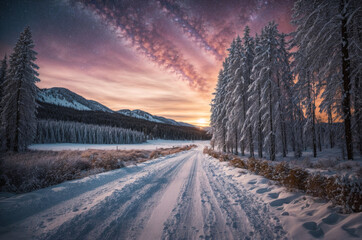 Wall Mural - road leading towards colorful sunrise between snow covered trees with epic milky way on the sky