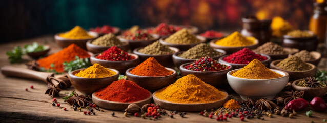 Wall Mural - Colorful spices on wooden table