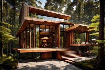 Wall Mural - A small house of a rich man made of wood, with transparent glass windows, stands bathed in the soft, warm glow of the setting sun. AI Generative