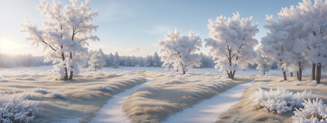 Wall Mural - white wood covered with frost frosty landscape