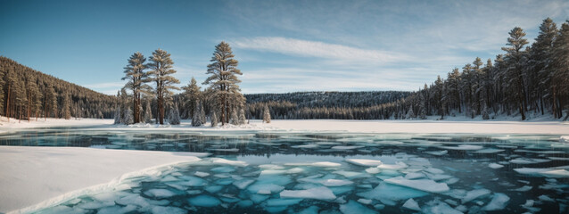 Wall Mural - Blue ice and cracks on the surface of the ice. Frozen lake under a blue sky