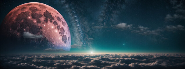 Wall Mural - romantic moon in starry night over clouds