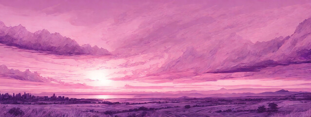 Canvas Print - Panoramic view of a pink and purple sky at sunset. Sky panorama background.