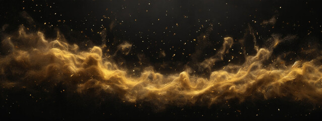 Abstract magic gold dust background over black. Beautiful golden art widescreen background