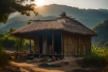 Wall Mural - The small house of a poor man is like a hut, its slightly broken roof made of bamboo, basking in the warm embrace of a sunny noon. AI Generative