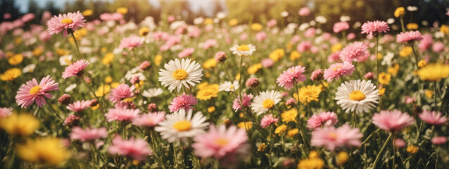 Sticker - Meadow with lots of white and pink spring daisy flowers and yellow dandelions in sunny day