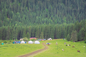 Wall Mural - Barskoon Gorge. Barskoon valley, Kyrgyzstan. Beautiful mountain landscapes with traditional kyrgyz yurts. 