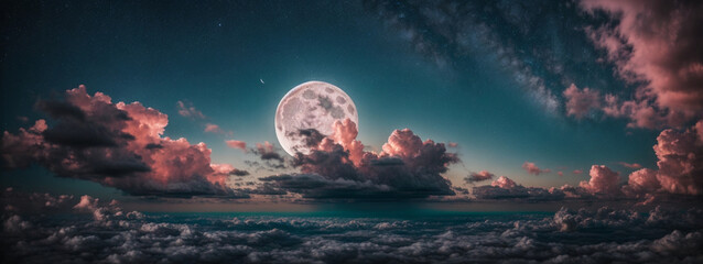 Wall Mural - romantic moon in starry night over clouds