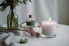 Aroma Candle On The Table. Warm Aesthetic Composition With Dry Flowers. Cozy Home Comfort, Relaxation And Wellness Concept. Interior Decoration Mockup