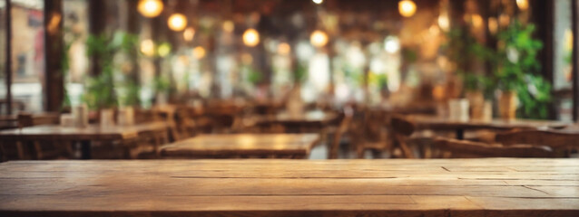 Vintage Coffee Shop Ambiance: Empty Old Wood Tabletop with Blurred Bokeh Cafe Interior Background, Perfect for Displaying and Montaging Your Products.