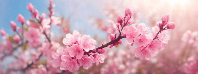 Wall Mural - Spring border or background art with pink blossom. Beautiful nature scene with blooming tree and sun flare