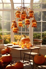 Wall Mural - Decoration ideas of countryhouse for fall holidays. Autumn decor with wreath and suspended pumpkins for thanksgiving and halloween