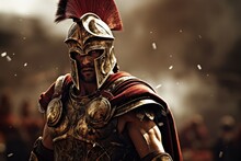 Legendary Gladiator: A Roman Gladiator In Glimmering Armor, Ready For Battle.

