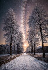 Wall Mural - Road leading towards colorful sunrise between snow covered trees with epic milky way on the sky