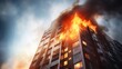 © pvl0707 - a high-rise building with flames and smoke billowing from its windows, emphasizing the importance of fire safety measures and emergency response protocols.
