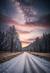 Wall Mural - Road leading towards colorful sunrise between snow covered trees with epic milky way on the sky