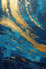 Golden Dreamscape: Abstract Impasto Oil Painting in Gold, Black, White and Ultramarine Blue.

