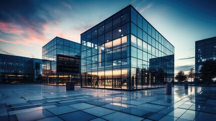 captivating image of a modern office building with a sleek glass facade that epitomizes contemporary architecture.