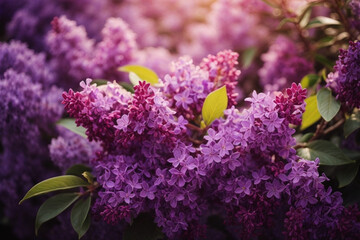 Purple lilac flowers blossom in garden, spring background