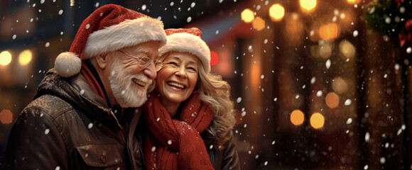 Wall Mural - Joyful Christmas Walk: Capturing the Heartwarming Moments of an Elderly Couple Enjoying a Leisurely Stroll Amidst Festively Adorned Streets.

