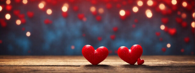 Wall Mural - Valentines day background with red hearts on wooden background