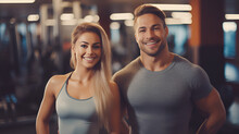 Woman And Man Fitness Trainers Smile And Look At The Camera On The Background Of The Gym. Smiling Positive Sports Couple In The Gym. Mock Up White Sportswear