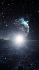Wall Mural - An animated cosmic scene with swirling stars, cosmic energy, and a rising planet in the distance.