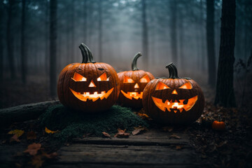 Halloween Pumpkins On Wood In A Spooky Forest At Night