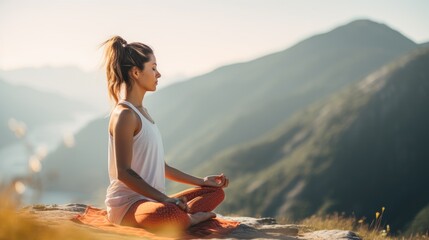 Canvas Print - Young woman doing yoga outdoor. Generative AI