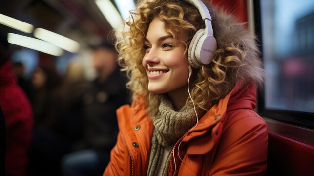 Young woman in earphones listening to music and smiling in a subway. Generative AI