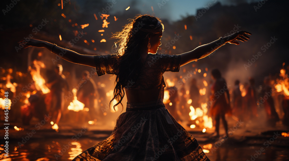 Witches dance a ritual dance with fire at night Stock Photo | Adobe Stock