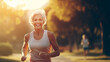 © goami - happy senior woman running in park, retired old female jogging at nature, generative AI