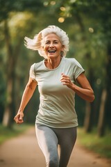Wall Mural - happy senior woman running in park, retired old female jogging at nature, generative AI