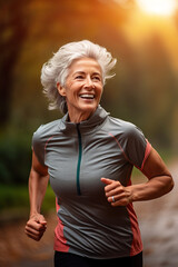 Wall Mural - happy senior woman running in park, retired old female jogging at nature, generative AI