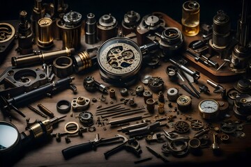 an image of a watchmaker's workbench covered in precision tools, intricate watch movements, and magnifying glasses - AI Generative