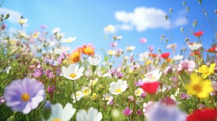  A vibrant field of flowers under a clear blue sky