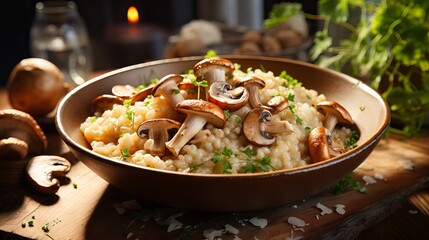 Risotto with brown champignon mushrooms on wooden background