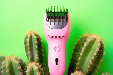 Canvas Print - Pink epilator with cacti on a green background.