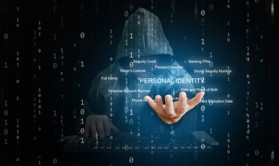 A hacker behind binary code, stream of data, able to break through cyber security and reaches his hand out to control your personal identity