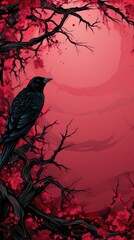 Sticker - A black bird is perched on a branch in a red background, AI