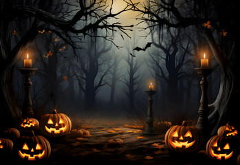 Wall Mural - halloween mystical dark forest mockup with pumpkins jack-o-lantern decorations and spooky background