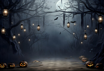 Wall Mural - halloween mystical dark forest mockup with pumpkins jack-o-lantern decorations and spooky background