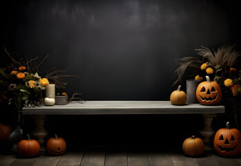 Wall Mural - empty black halloween table mockup with pumpkins, candles, autumn flowers, spooky decoration and dar