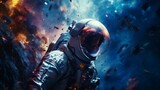 Fototapeta Kosmos - A man in a space suit standing in front of a fiery explosion