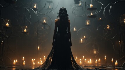 Wall Mural - 
A beautiful girl in the style of a witch in Gothic clothes with a staff against the background of the moon and candles. Night of the Witch or All Hallows' Eve. Concept: coven, mysticism, game charact