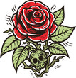 Old tattooing school colored icon with rose and skull symbol vector illustration