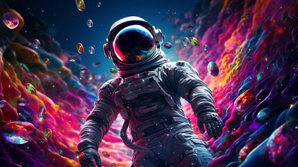 Wall Mural - Futuristic Astronaut in Colorful Virtual Galaxy with Generative AI Elements